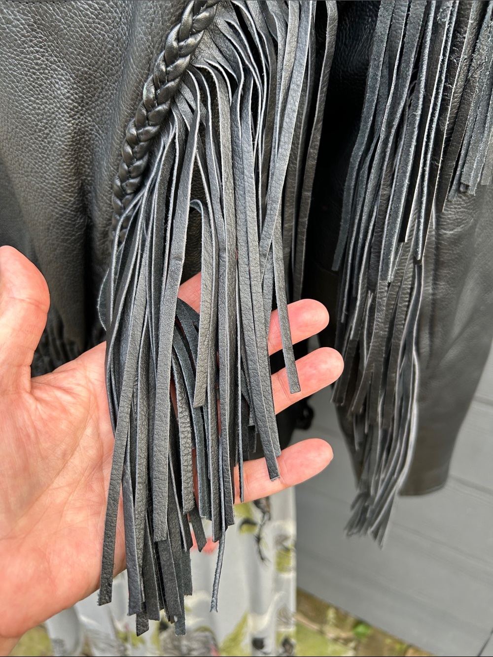 Black Leather Fringe Jacket with Cutout Floral Detail - Picture 6 of 16